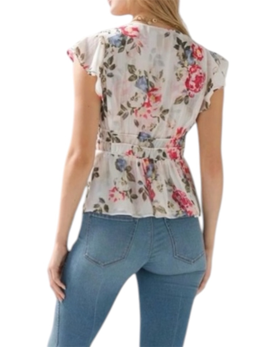 NEW WHBM Flutter Sleeve Blouse Cinched Waist Detail Floral White Pink Size S - Picture 4 of 14